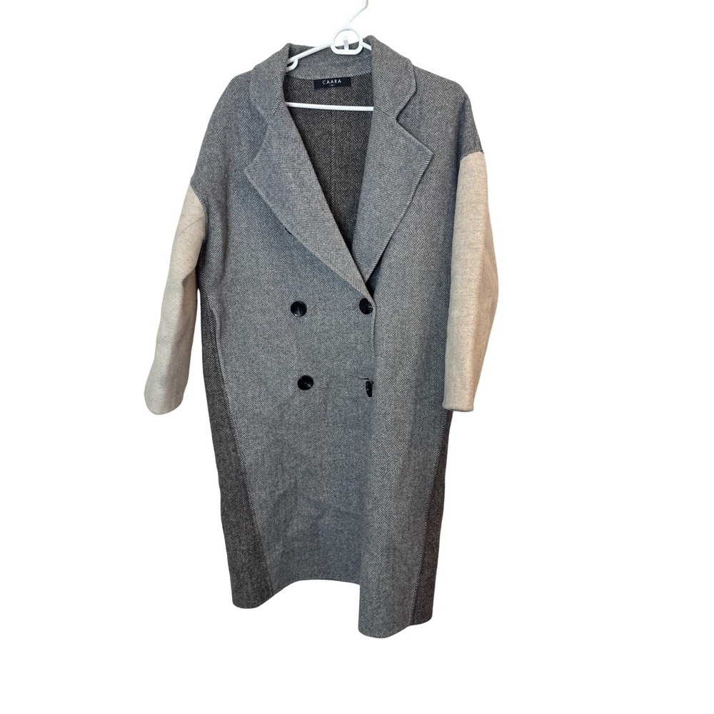 CAARA Coat Womens XS Gray Wool Blend Herringbone Tweed Long Overcoat 3/4 Sleeve